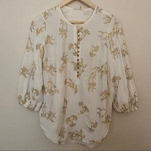 Anthropologie Floret White & Gold Embroidered Top